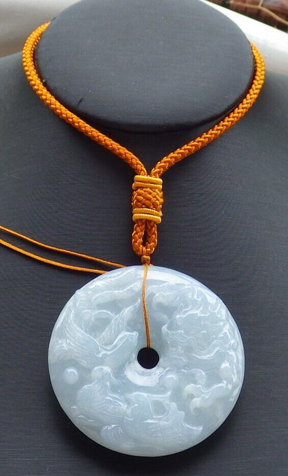 Certified Pale Green Lavender 100% Natural A Jade jadeite Dragon Phoenix 5 Bat Necklace 五福龙凤 519611  TN