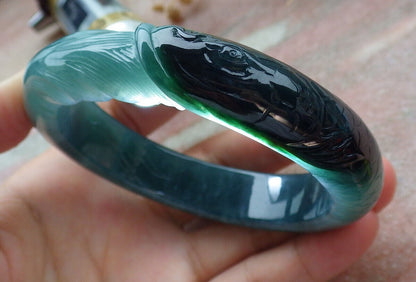 Certified Icy Green Burma 100% Natural A JADE Jadeite Fish Bangle Bracelet 60 mm 手镯 636582  TN