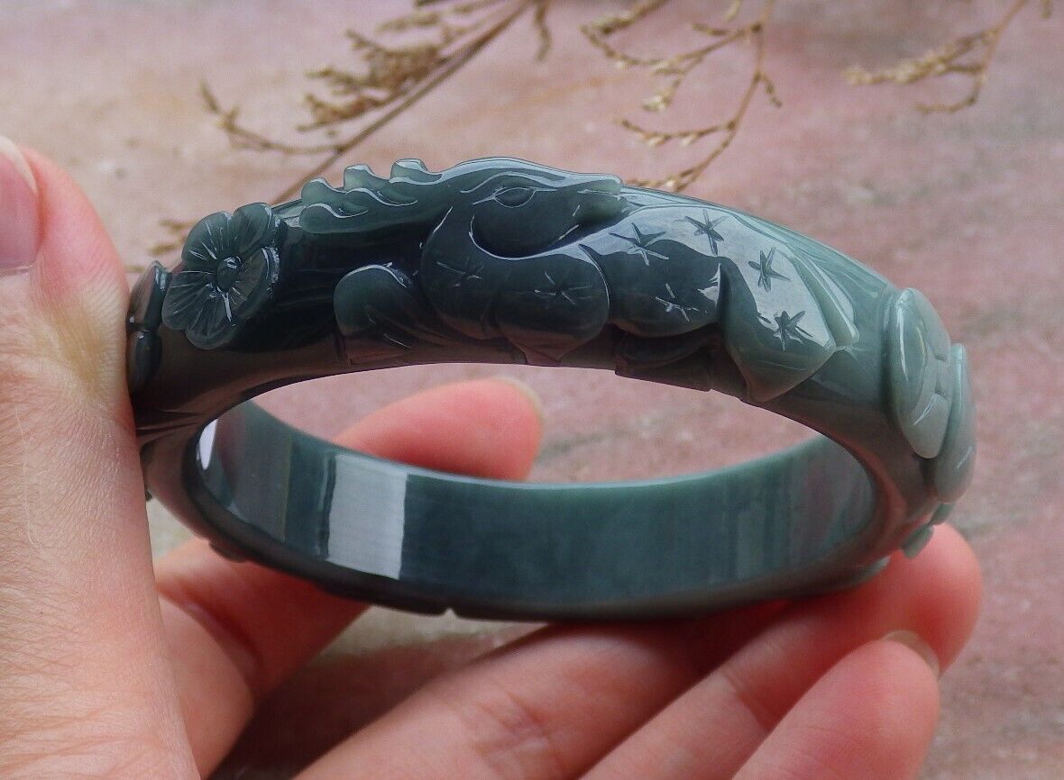 Certified Green Burma 100% Natural A JADE Jadeite Deer Lotus Flower Ruyi Coin Bangle Bracelet 56 mm 手镯 563759  TN