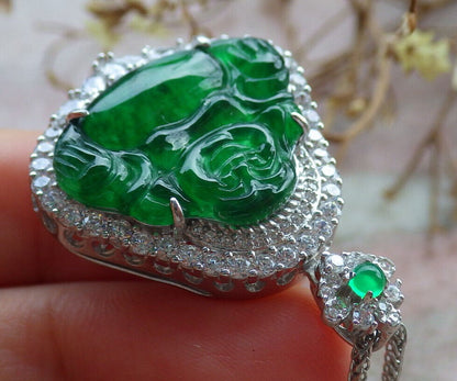 Icy Green Silver 925 Certified Burma 100% Natural A JADE Jadeite pendant Happy Buddha God Necklace 佛公 635249  TN