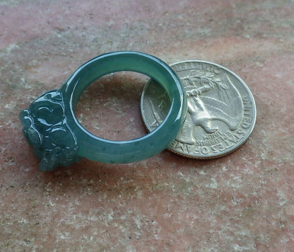 Certified Icy Green 100% Natural A JADE Jadeite Dragon Pi Xiu RING USA. 9.25 风水貔貅戒指 530032  TN
