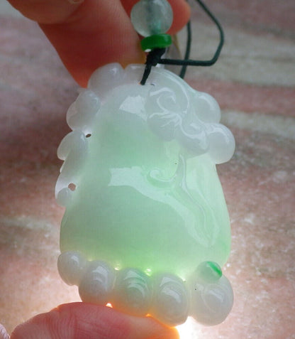 Certified Green Burma 100% Natural A Jade jadeite Pendant  Bat Ruyi Foot Necklace 知足常乐 636969  TN
