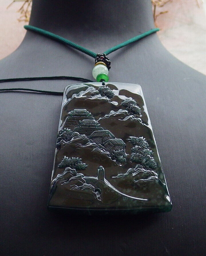 Atestita Glacia Blua Akvo Birmo 100% Natura A Jadejadeito Pendilo Pejzaĝa Pentrado Arba Koliero 山水画 634386 TN