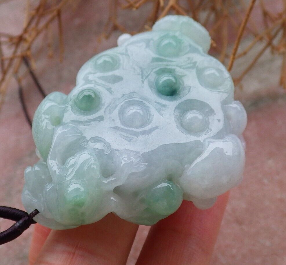 Certified Green 100% Natural A Jade jadeite Pendant Frog Toad Lotus Flower Necklace 金蟾 花开富贵 519629  TN