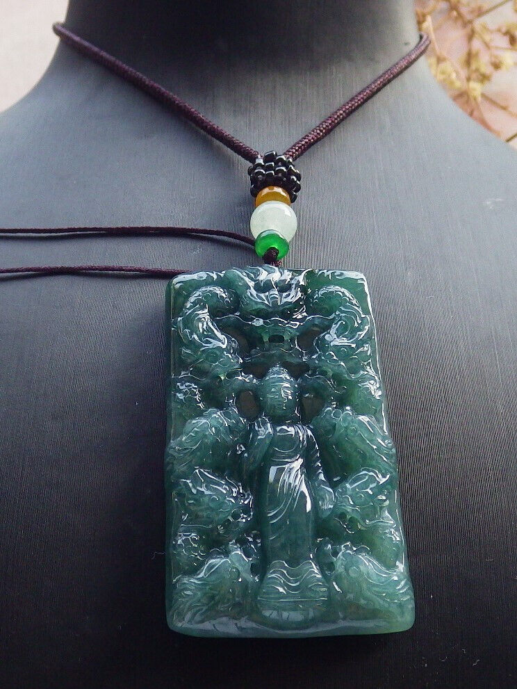 Certified Icy Green Burma 100% Natural A Jade jadeite Pendant Shakyamuni Buddha God 9 Dragon Necklace 释迦牟尼 633832  TN
