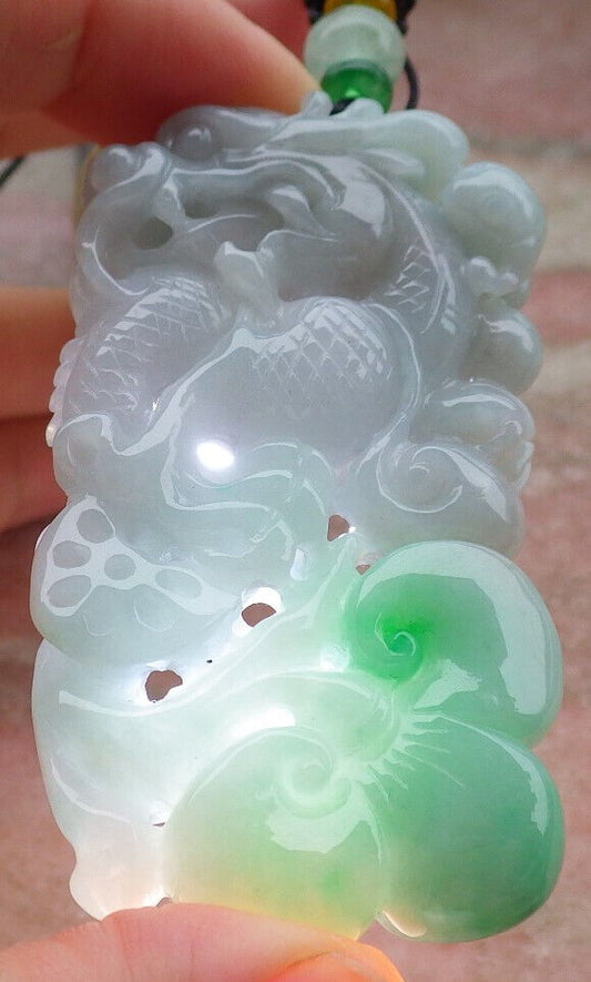 Certified Green Burma 100% Natural A Jade jadeite Pendant Dragon Ruyi Necklace 生意兴隆 636707  TN