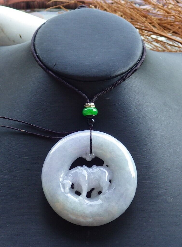 Certified Lavender Green 100% Natural A Jade jadeite pendant Cow Ox Circle Necklace 风水牛 523734 TN