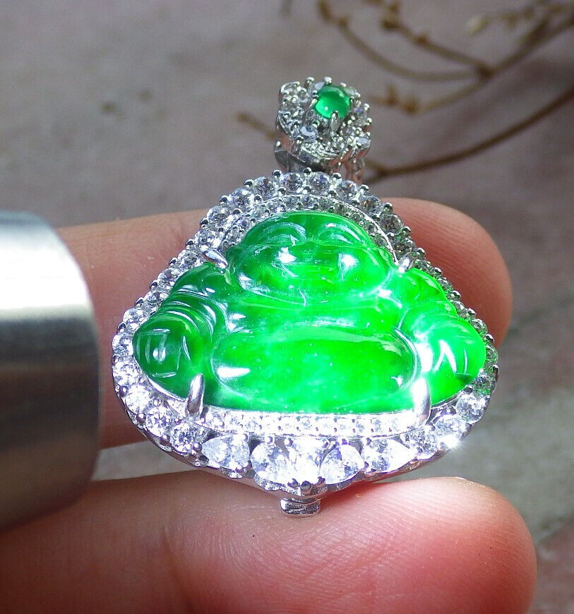Icy Green Silver 925 Certified Burma 100% Natural A JADE Jadeite pendant Happy Buddha God Necklace 佛公 635173  TN