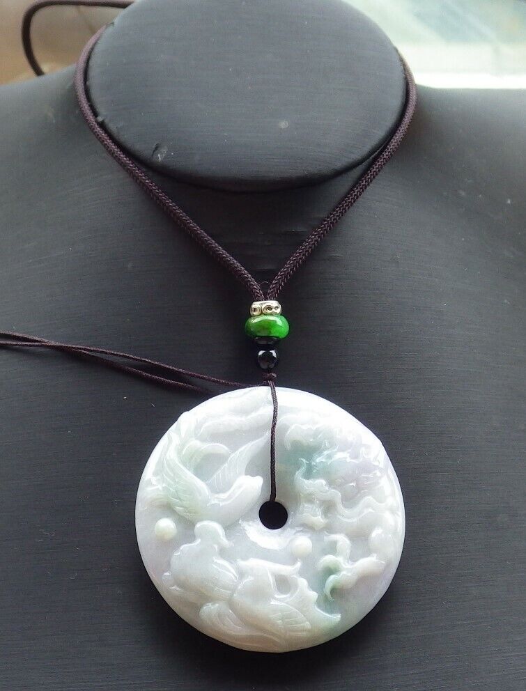 Certified Green Pale Lavender 100% Natural A Jade jadeite pendant Mandarin Duck Dragon Phoenix 5 Bat Necklace 龙凤524984   TN