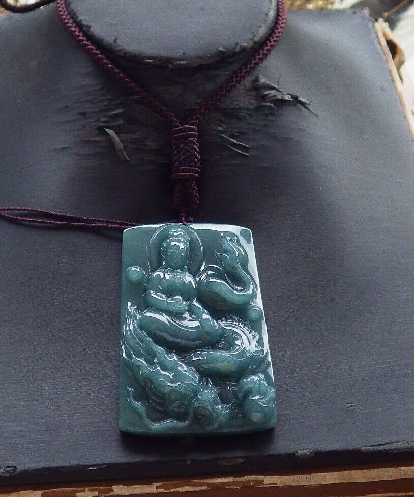 Certified Icy Green Burma 100% Natural A Jade jadeite Pendant Guanyin Kwan Yin Dragon Necklace 观音 575232 TN