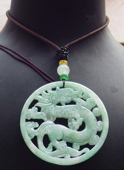 Certified Green Burma 100% Natural A Jade jadeite Pendant  Dragon Circle Necklace 生意兴隆 646443 TN