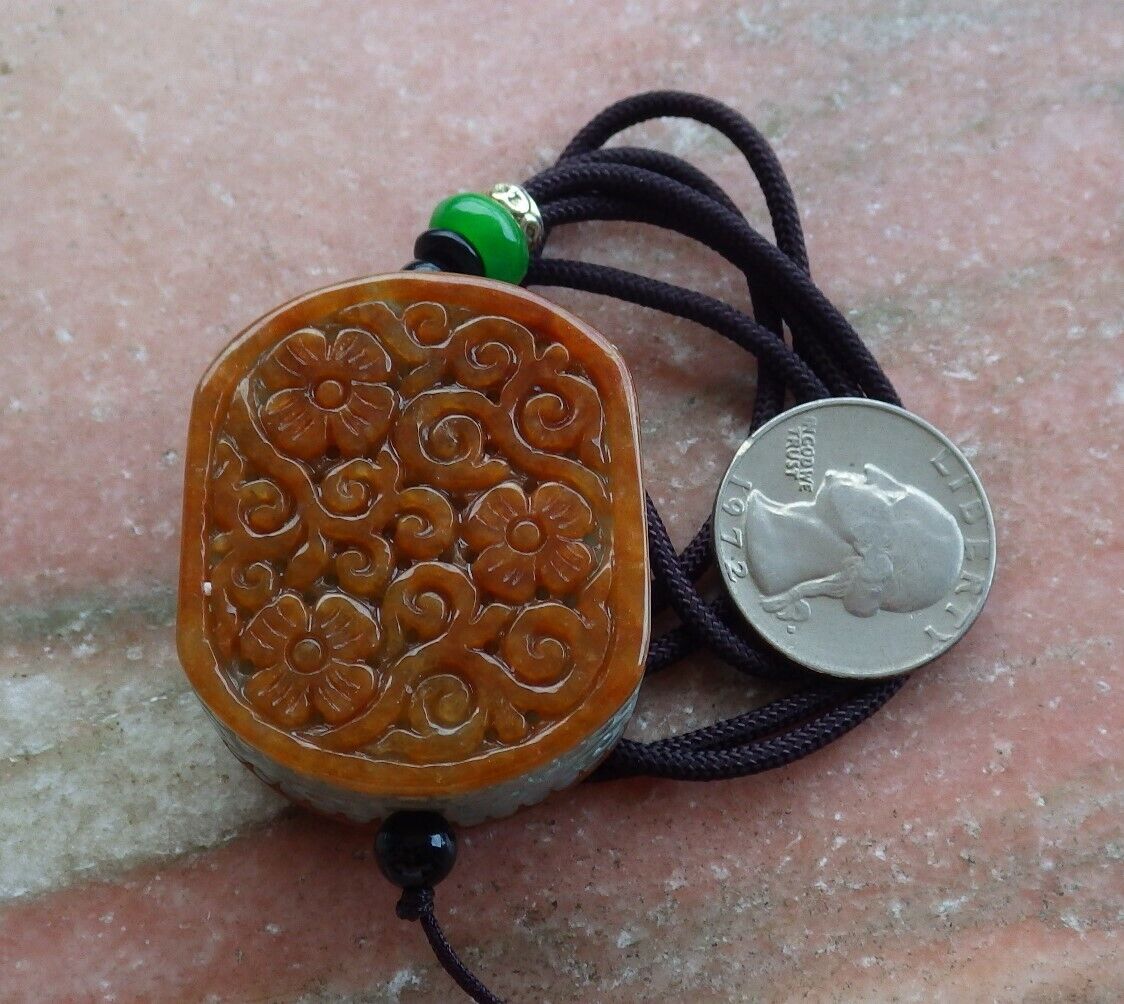 Certified Brown Red Green 100% Natural A Jade jadeite Pendant Flower Ruyi Rectangle Necklace 花平安牌 523664  TN