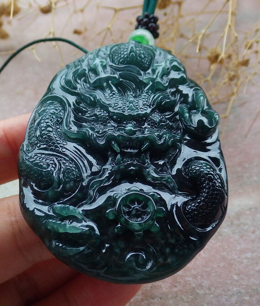 Certified Icy Green Burma 100% Natural A Jade jadeite Pendant Dragon Bead Necklace 生意兴隆 636353  TN