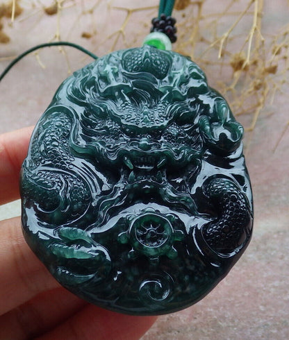 Certified Icy Green Burma 100% Natural A Jade jadeite Pendant Dragon Bead Necklace 生意兴隆 636353  TN