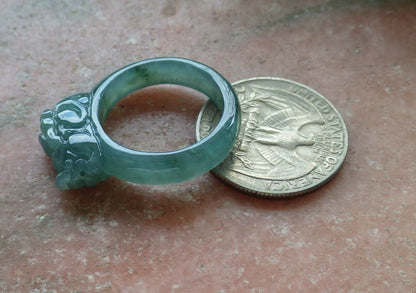 Certified Icy Green 100% Natural A JADE Jadeite Dragon Pi Xiu RING USA. 8.75 戒指 523786  TN