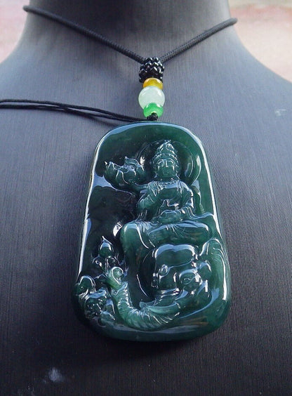 Certified Icy Blue Water Green Burma 100% Natural A Jade jadeite Pendant Guanyin Kwan Yin Elephant Lotus Flower Necklace 观音 632811  TN