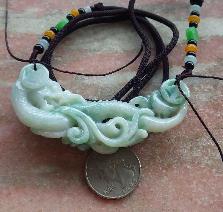 Certified Green Burma 100% Natural A Jade jadeite Pendant Dragon Bead Necklace 生意兴隆 635341  TN