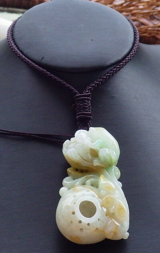 Certified Green Yellow 100% Natural A Jade jadeite Pendant Frog Toad Lotus Flower Coin Necklace 金蟾 528651  TN