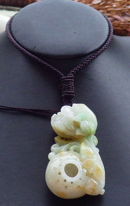 Certified Green Yellow 100% Natural A Jade jadeite Pendant Frog Toad Lotus Flower Coin Necklace 金蟾 528651  TN