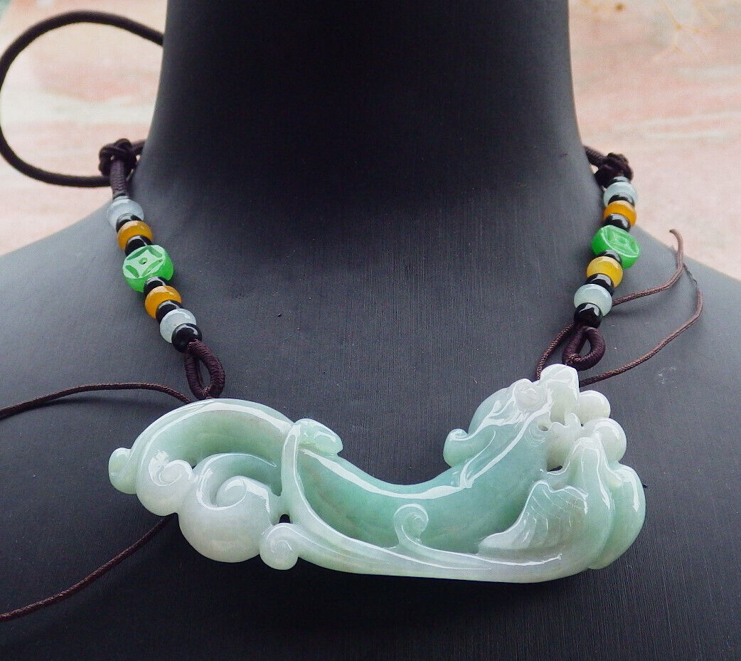 Certified Green Burma 100% Natural A Jade jadeite Pendant Dragon Phoenix Coin Necklace 龙凤 637014  TN