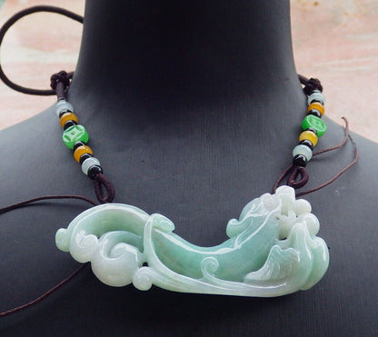 Certified Green Burma 100% Natural A Jade jadeite Pendant Dragon Phoenix Coin Necklace 龙凤 637014  TN