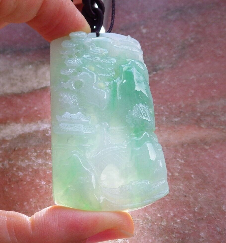 Certified Icy Green Burma 100% Natural A Jade jadeite Landscape painting Tree Necklace 山水画 525860  TN