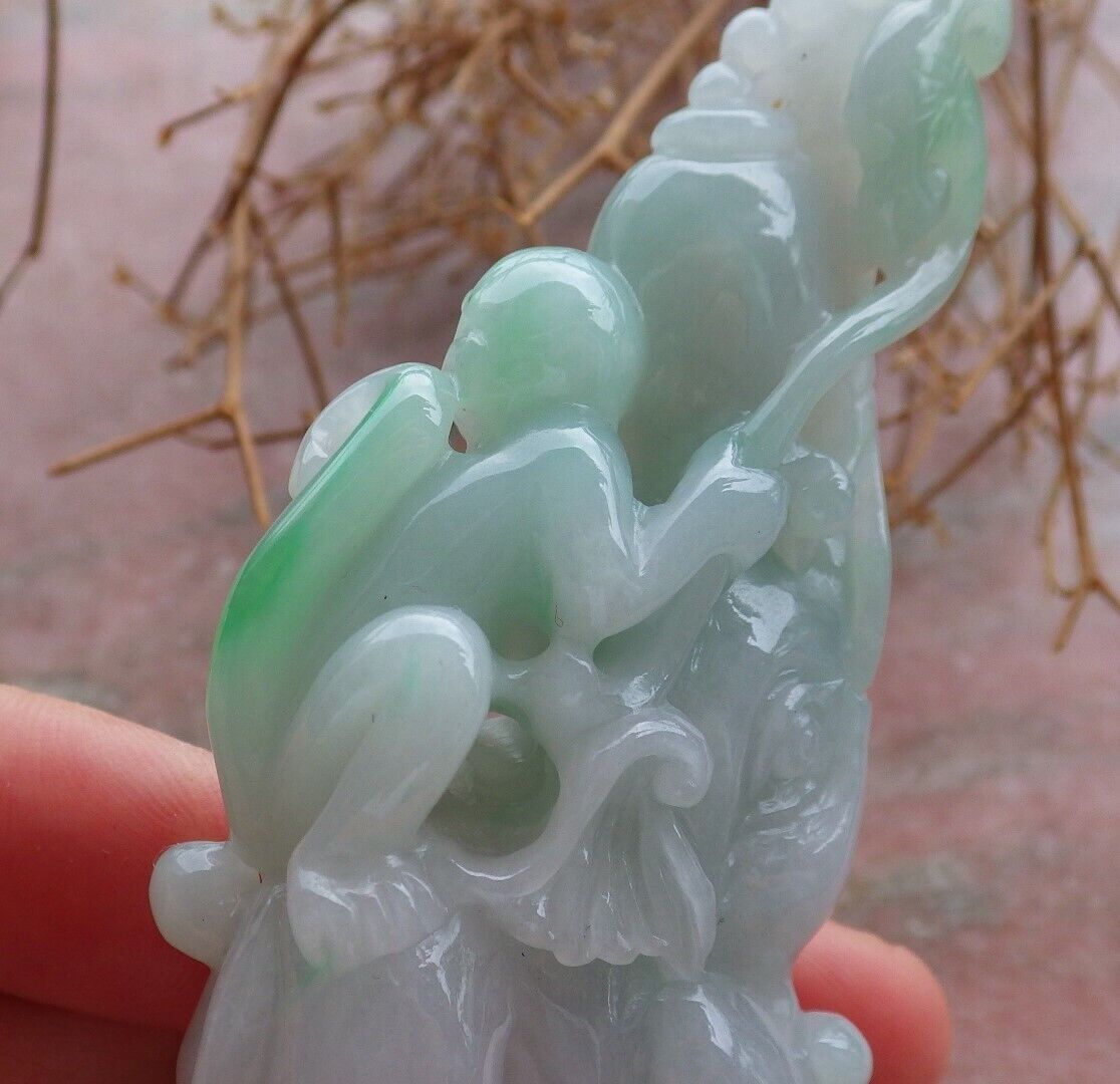 Certified Green 100% Natural A Jade jadeite Display Elephant Monkey Lotus Flower Ruyi Necklace 封侯拜相 521119 *TN* Include woodstand