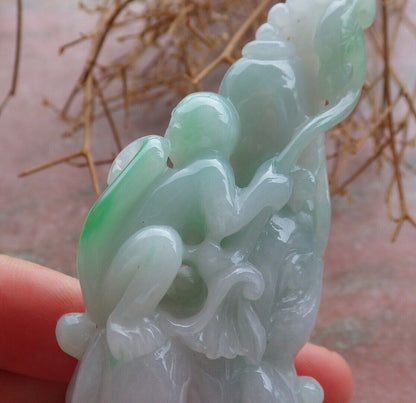 Certified Green 100% Natural A Jade jadeite Display Elephant Monkey Lotus Flower Ruyi Necklace 封侯拜相 521119 *TN* Include woodstand