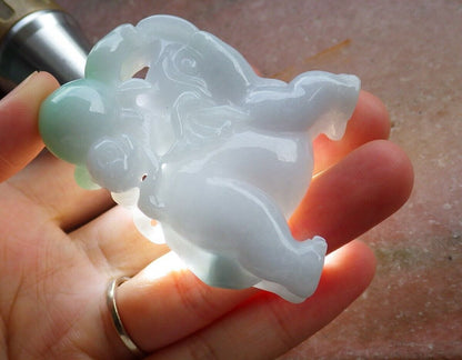 Certified Green Pale Lavender 100% Natural A Jade jadeite Display Elephant Monkey Peach 封侯拜相 528499  TN** Include woodstand **