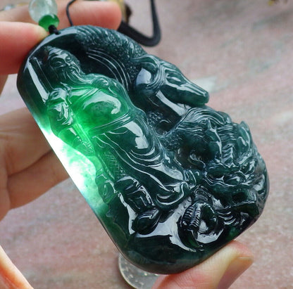 Certified Icy Green Burma 100% Natural A Jade jadeite pendant Guan Gong God Dragon Horse Sword Necklace 关公 635214  TN