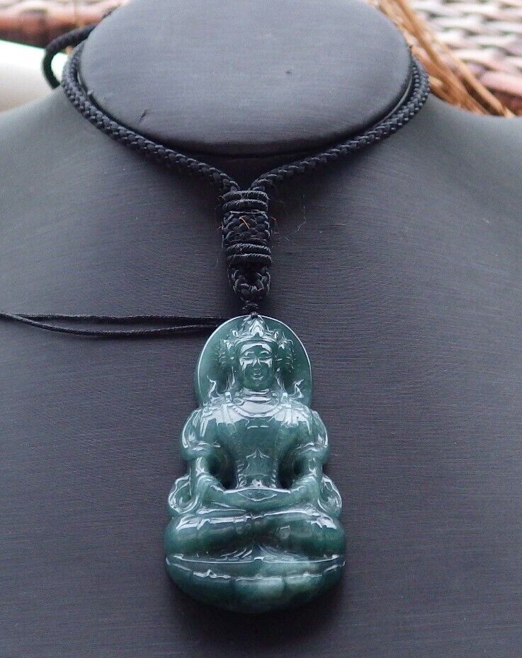 Certified Green 100% Natural A Jade jadeite Pendant Guanyin Kwan Yin Lotus Flower Necklace 观音 528251  TN