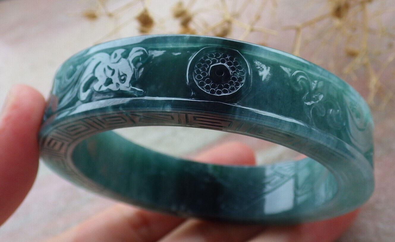 Certified Icy Green Burma 100% Natural A JADE Jadeite Dragon Phoenix Bangle Bracelet 58 mm 手镯 636336  TN
