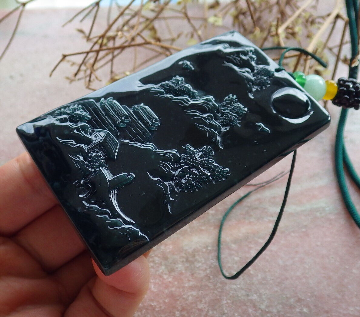 Atestita Glacia Blua Akvo Birmo 100% Natura A Jadejadeito Pendanta Pejzaĝa Pentrado Arba Koliero 山水画 634473 TN