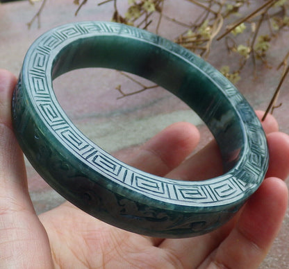 Certified Icy Green Burma 100% Natural A JADE Jadeite Dragon Phoenix Bangle Bracelet 64 mm 手镯 633660  TN