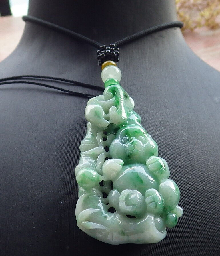 Certified Green Burma 100% Natural A Jade jadeite Pendant Panda Bamboo Ruyi Necklace 熊猫 633295  TN