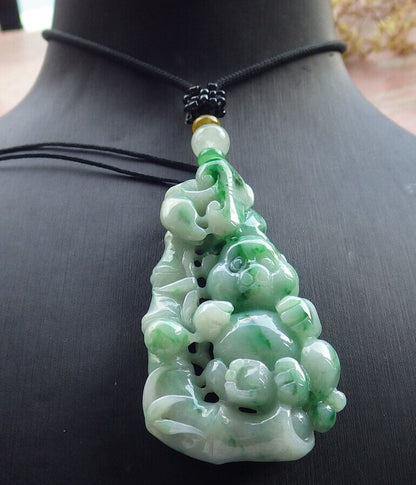 Certified Green Burma 100% Natural A Jade jadeite Pendant Panda Bamboo Ruyi Necklace 熊猫 633295  TN