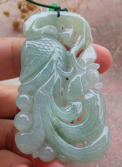 Certified Green Burma 100% Natural A Jade jadeite Pendant Phoenix Lotus Flower Necklace 凤凰 636743  TN