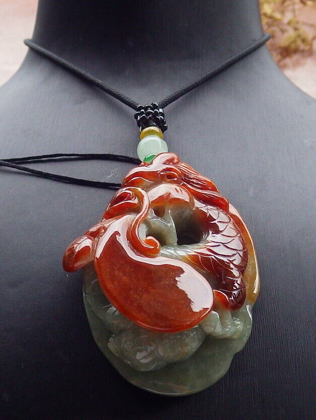 Certified Red Green Burma 100% Natural A Jade jadeite Pendant Dragon Ruyi Necklace 生意兴隆 632668  TN