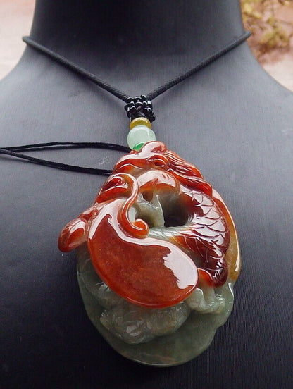 Certified Red Green Burma 100% Natural A Jade jadeite Pendant Dragon Ruyi Necklace 生意兴隆 632668  TN