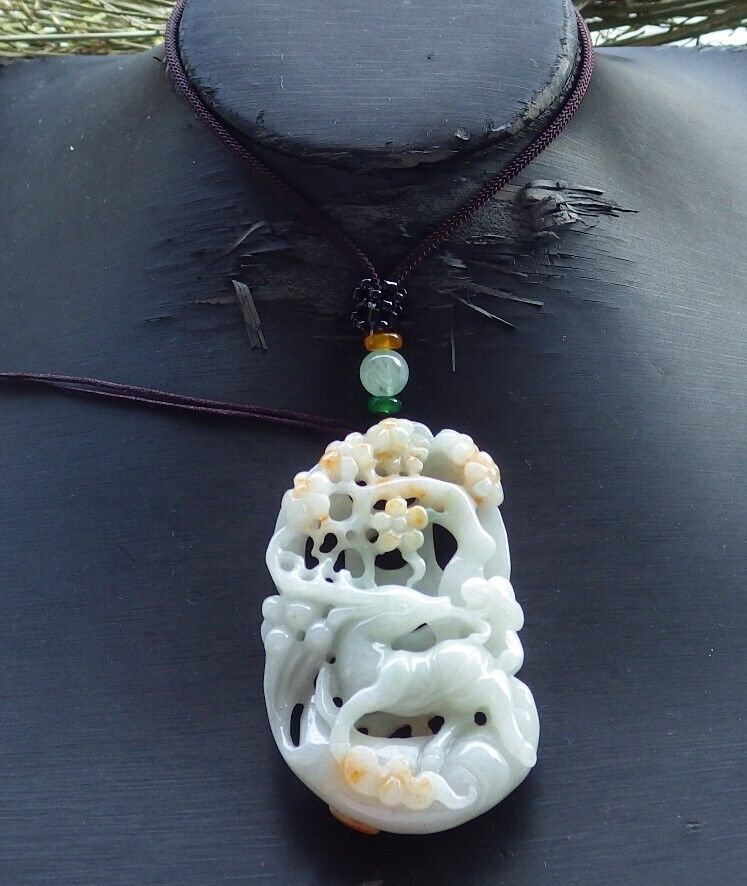 Certified Yellow Green Burma 100% Natural A Jade jadeite Pendant Deer Bat Ruyi Coin Flower Necklace 梅花鹿 573931 TN
