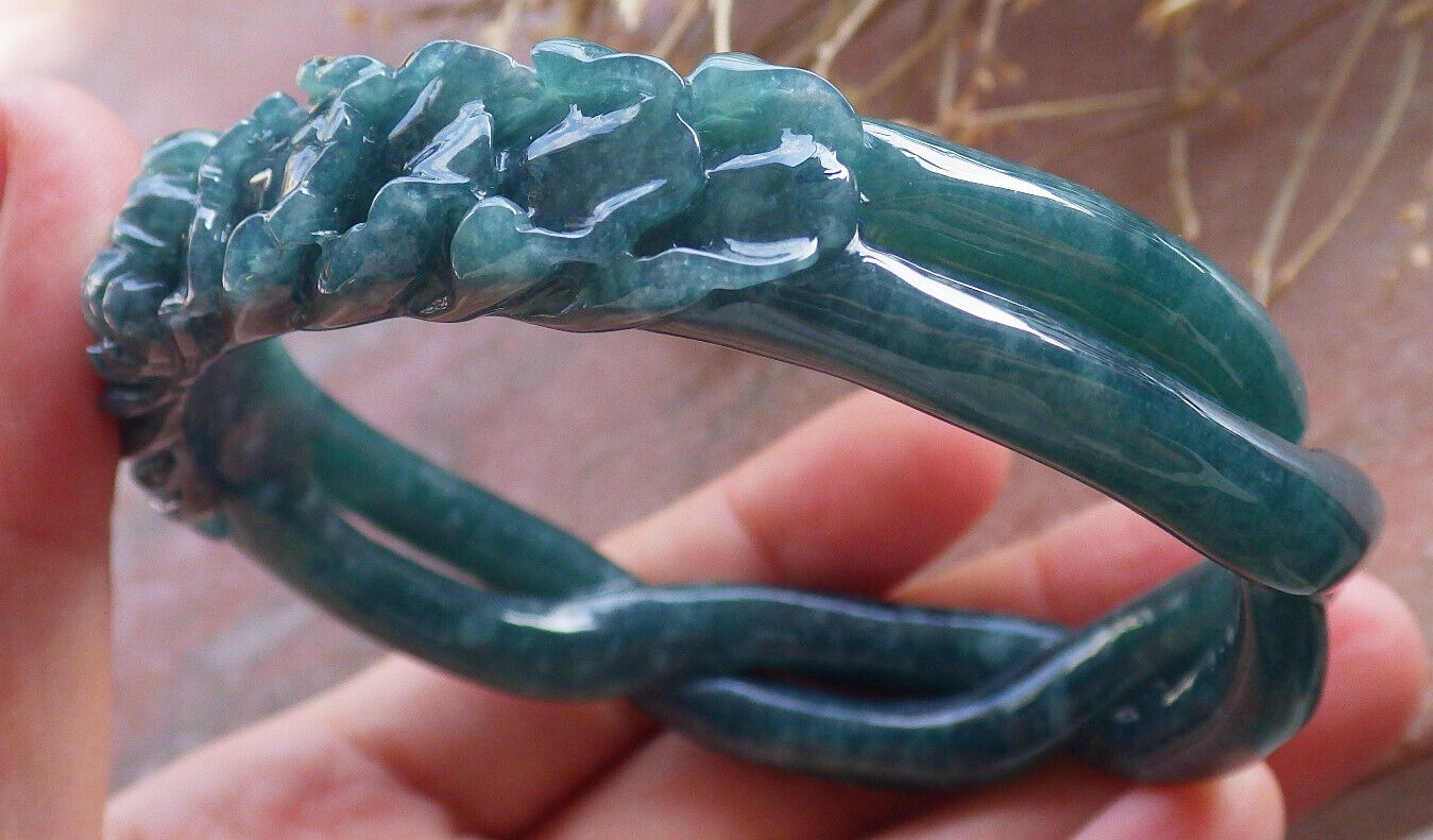 Certified Icy Green Burma 100% Natural A JADE Jadeite Flower Knotted Bangle Bracelet 64 mm 手镯 646718 TN