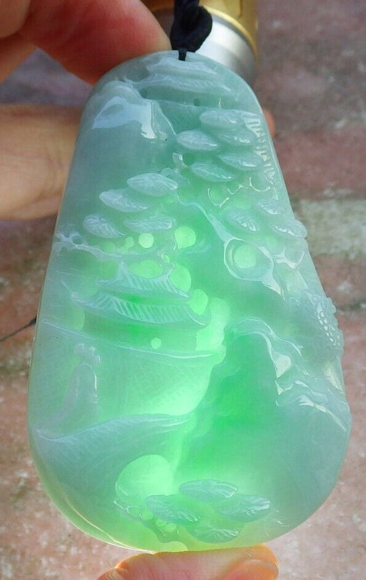 Certified Green 100% Natural A Jade jadeite Landscape painting Tree Necklace Necklace 山水画 519550  TN