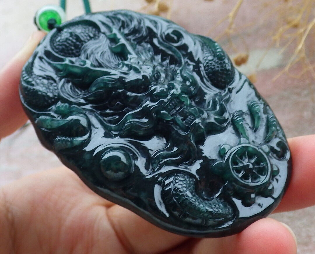Certified Icy Blue Water Green Burma 100% Natural A Jade jadeite Pendant Dragon Bead Necklace 生意兴隆 636318  TN
