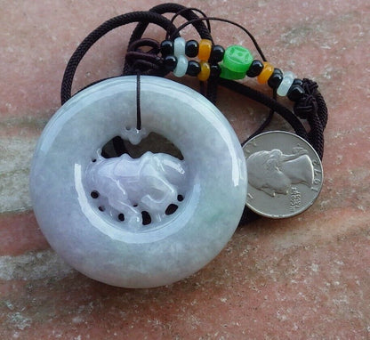 Certified Lavender Green 100% Natural A Jade jadeite pendant Cow Ox Circle Necklace 风水牛 526223  TN