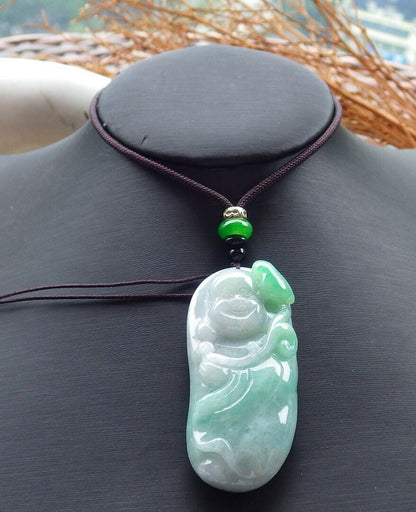 Certified Green 100% Natural A Jade jadeite pendant Happy Buddha God Necklace 开心佛 521299  TN