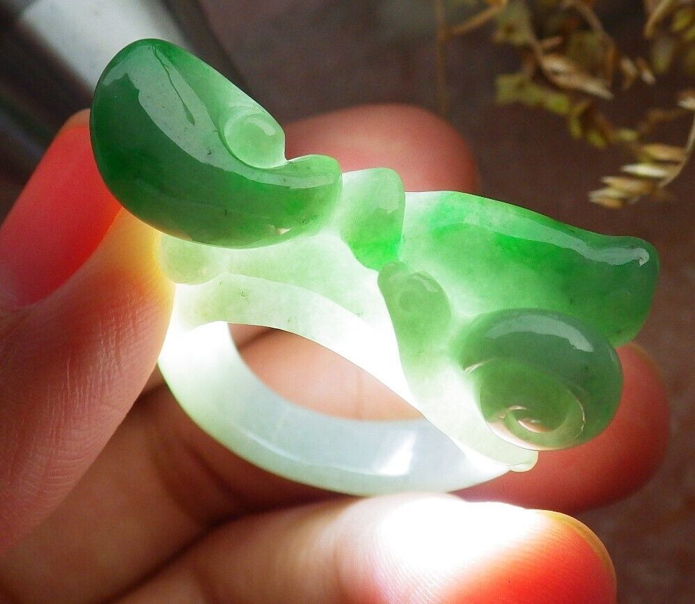Certified Green Burma 100% Natural A JADE Jadeite Snails Ruyi RING USA. 10.25 花戒指 575124 TN