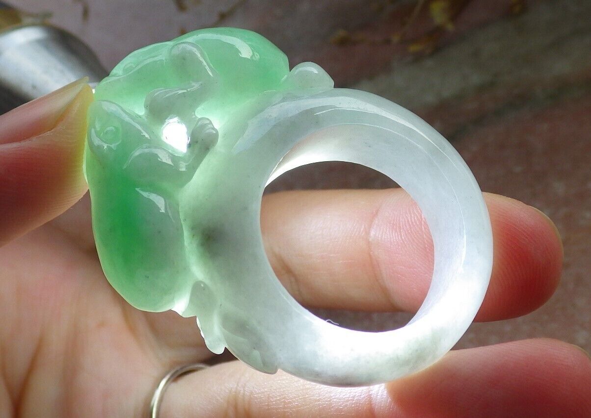 Certified Green Burma 100% Natural A JADE Jadeite Frog Toad Money Coin RING USA. 12.5 戒指 575539 TN