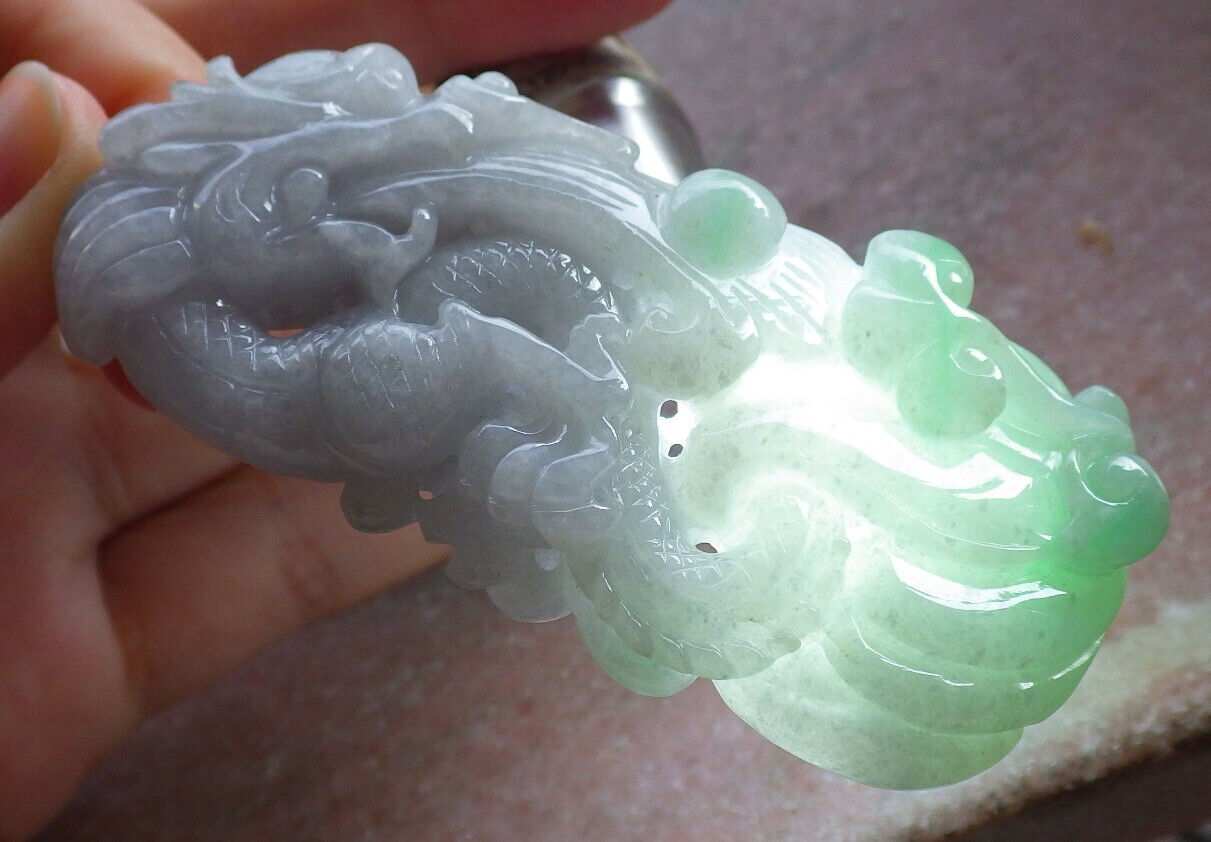 Certified Green Pale Lavender Burma 100% Natural A Jade jadeite Pendant Dragon Ruyi Coin Necklace 生意兴隆 646733 TN