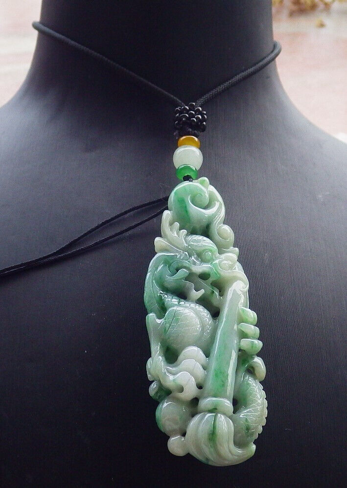 ertified Green Burma 100% Natural A Jade jadeite Pendant Dragon Pen Lotus Flower Necklace 生意兴隆 632975  TN