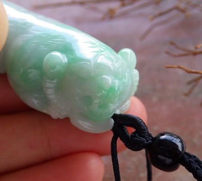 Certified Green 100% Natural A Jade jadeite Pendant Tiger Money Coin Necklace 虎虎生威 525750  TN